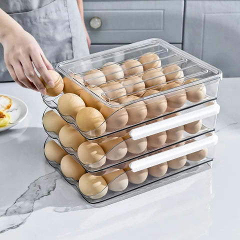 Three Layer Ramp Type Auto Rolling Egg Holder For Fridge, clear stackable egg storage container, front egg access, holding 54 eggs