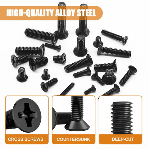 Top Shelf Laptop Screws Kit With 840 Pieces Featuring 24 Precise Sizes For Motherboard Repairs And Tough As Nails M2 SSD Mounting Includes Rock Solid Screwdriver For Stress Free Pc Maintenance including cross and countersunk screws.