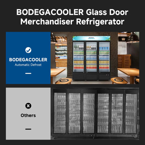 Real Deal 53 Cu Ft Three Door Commercial Display Refrigerator For Bodegas Beverage Merchandiser Cooler showing glass doors and drinks inside.