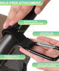 Go To Hands Free Stroller Hooks For Bags, 2 Pack Non Slip Clips And Carabiner shown on a stroller handle with nylon strap.