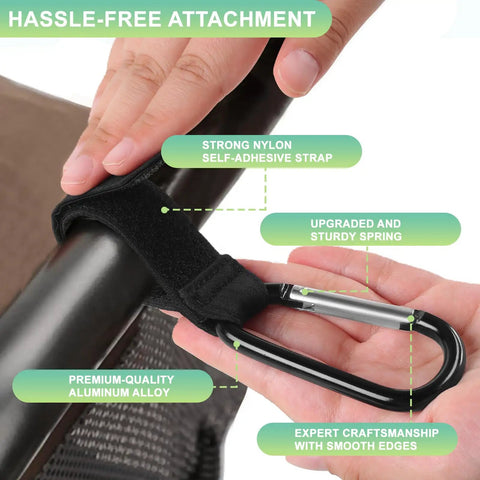 Go To Hands Free Stroller Hooks For Bags, 2 Pack Non Slip Clips And Carabiner shown on a stroller handle with nylon strap.
