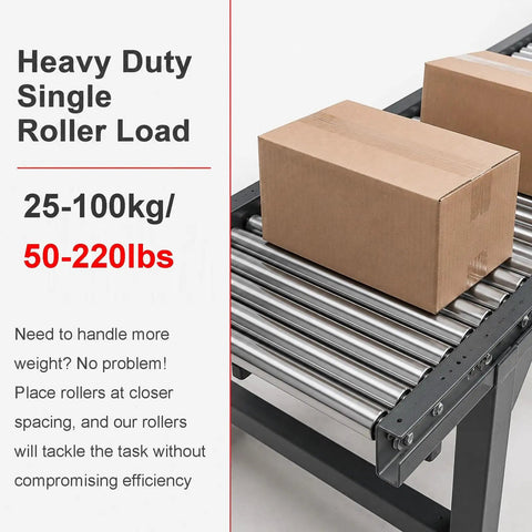 2 Inch Diameter Metal Tube Bearing Roller Set, Heavy Duty Conveyor Rollers 5 Pack, 12mm Shaft, Supports 50-220 Lbs Each, Ideal For Assembly Lines And Material Handling, Close Spacing For Heavier Loads; cardboard box on steel rollers