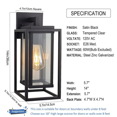 14 Inch Double Cage Outdoor Wall Lights 2 Pack Exterior Porch Lantern Sconces in satin black finish with clear tempered glass.