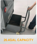 Tough As Nails Ride On Floor Sweeper With A Massive 50 Inch Sweep Path Big 26 Gallon Hopper showing 26.4-gallon debris container.