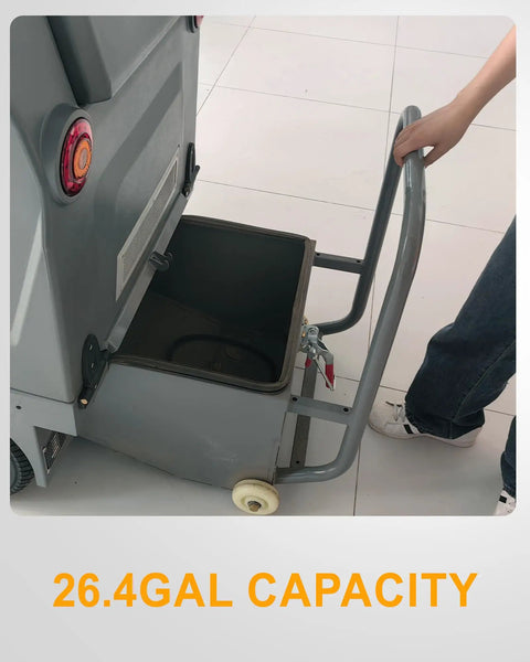 Tough As Nails Ride On Floor Sweeper With A Massive 50 Inch Sweep Path Big 26 Gallon Hopper showing 26.4-gallon debris container.