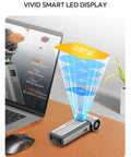 Powerful Cordless Air Duster with LED Display showing battery life next to laptop, 150000 RPM Brushless Motor, 4 Gear Turbo Blower.