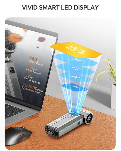 Powerful Cordless Air Duster with LED Display showing battery life next to laptop, 150000 RPM Brushless Motor, 4 Gear Turbo Blower.
