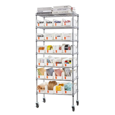 7 Tier Rolling Bin Storage Rack With 24 Small Bins Mobile Steel Wire Shelving System On Wheels For Garage, Workshop, Warehouse, Office, Kitchen, Classroom And Restaurant Easy Access Parts Organizer