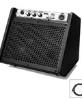 Front view of Plug And Play 20W Bluetooth Personal Monitor Amplifier For Electronic Drums And Keyboard USB Interface in black, with e drum noise reduction cable included.