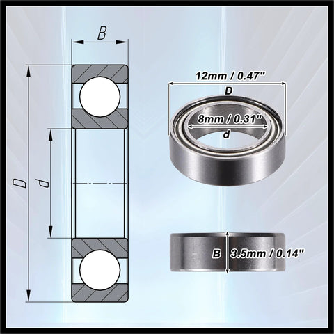 MR128ZZ double shield deep groove ball bearing, 8x12x3.5mm, silver-tone metal, pack of 20