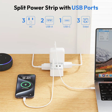 Double Split Extension Cord 12 Foot Dual Power Cable Featuring A Low Profile Flat Plug Build Perfect For Bedside Desks And Tight Living Areas Straight Up Game Changer For Everyday Home Use with USB ports.