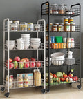 Two kitchen storage racks with multiple shelves filled with jars, cans, bowls, and fresh produce on a tiled floor.