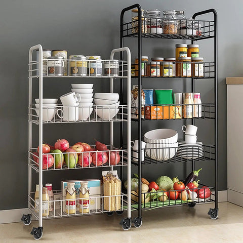 Two kitchen storage racks with multiple shelves filled with jars, cans, bowls, and fresh produce on a tiled floor.