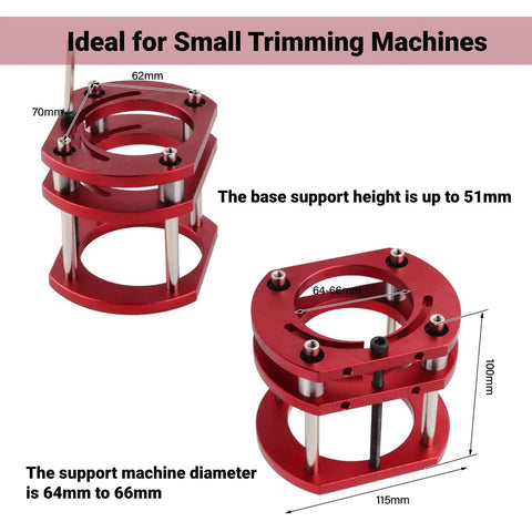 Stainless Steel Router Lift And Table Insert Plate Featuring Rock Solid Four Jaw Clamping Plus Quick Spin Crank Handle For Dead Center Height Adjustments And Heavy Duty Woodworking Projects, red base support up to 51mm height for small trimming machines.