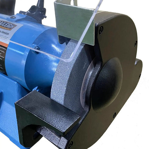Eight Inch Industrial Bench Grinder 3600 Rpm 1 Horsepower Dual Voltage Shop Dog with spark guard and adjustable tool rest.