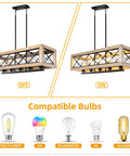 Farmhouse Style Metal Kitchen Island Light Fixture With Wood Frame Pendant Lights Height Adjustable Hanging Chandelier Five Light Iron Linear Chandelier For Dining Room E26 Base Matte Black Finish showing on and off with compatible bulbs.