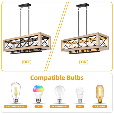 Farmhouse Style Metal Kitchen Island Light Fixture With Wood Frame Pendant Lights Height Adjustable Hanging Chandelier Five Light Iron Linear Chandelier For Dining Room E26 Base Matte Black Finish showing on and off with compatible bulbs.