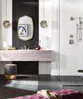 Modern bathroom showcasing Genta LX 1-Handle M-CORE Transfer Valve Trim Kit For Shower Control In Brushed Nickel, with elegant decor.