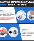 Heavy Hitter Tub Drain Wrench With Sliding Handle For Universal Cross Bars And Dead Simple Sink Pop Up Plug Removal Effortless Bathroom Plumbing Fix Kit step by step usage instructions on a blue background.