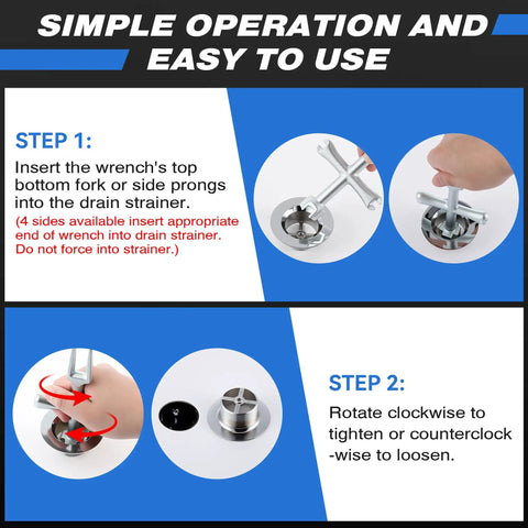 Heavy Hitter Tub Drain Wrench With Sliding Handle For Universal Cross Bars And Dead Simple Sink Pop Up Plug Removal Effortless Bathroom Plumbing Fix Kit step by step usage instructions on a blue background.