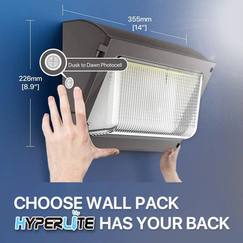 Hands installing Go-To 120W LED Wall Pack Light With Dusk To Dawn Photocell Glass Lens Glare Free Security Flood Outdoor Fixture