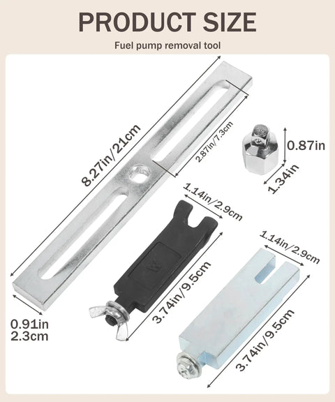 Three Piece Fuel Pump Removal Tool Set With Adjustable Lock Ring Spanner, dimensions and components shown in image