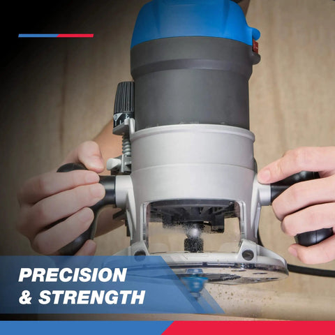 Person using router with Pro Grade YG8 Tungsten Carbide Router Bits Set, 15 Piece Kit For Clean, Precise Wood Cuts