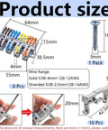 Four In Twelve Out Lever Terminal Block Kit with screw, wire range details, dismantled view, and DIN rail bracket sizes.