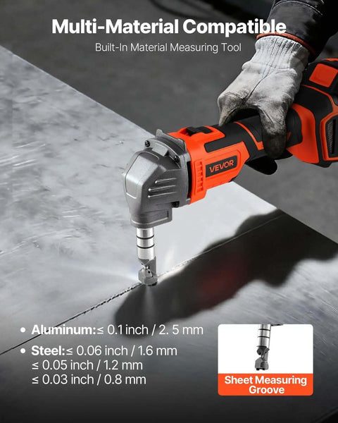 Person using Cordless Metal Nibbler With 20V 4000mAh Battery 2200 RPM Brushless Motor for cutting steel and aluminum sheets.