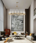 Living room with Gold Wagon Wheel Chandelier With Glass Shades, 20 Lights, 60 Inch Large Round Industrial Pendant Lighting