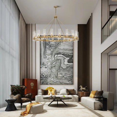 Living room with Gold Wagon Wheel Chandelier With Glass Shades, 20 Lights, 60 Inch Large Round Industrial Pendant Lighting