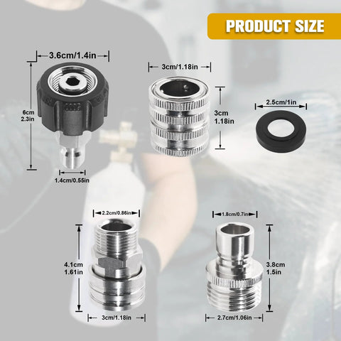 Stainless steel pressure-washer quick-connect adapters kit, 8-piece with M22-14/15mm swivels and 3/8 QC.