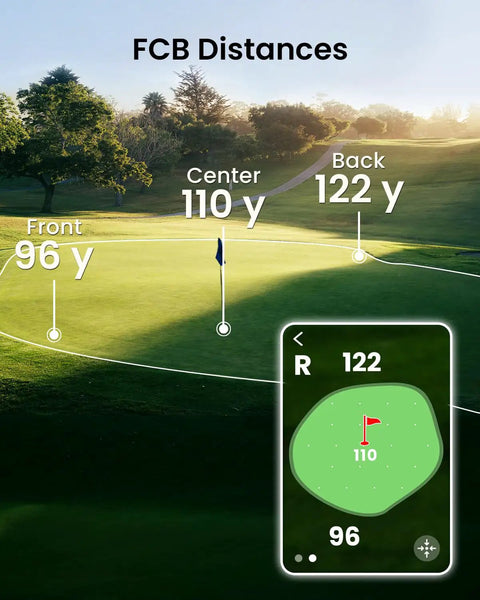 GeneSonic Pro Golf Speaker With Detachable GPS Rangefinder showing distances to golf pin on lush green course.