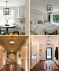 Modern farmhouse style vanity lighting in hallway with matte black frame and clear glass, viewing multiple angles in powder room and hallway.