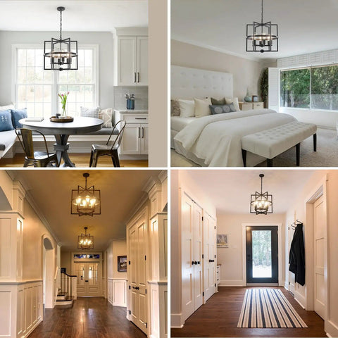 Modern farmhouse style vanity lighting in hallway with matte black frame and clear glass, viewing multiple angles in powder room and hallway.