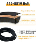 119-8819 Belt detail showing polyester cotton fabric, aramid tensile cords, and quality natural rubber layers.