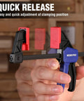 6 Inch Mini Bar Clamps For Woodworking, One Handed F Clamps And Spreaders, 4 Pack With 50 Lb Load, Throat One And A Half Inches, Screw Reverses To Convert To Spreader For Tight Glue Ups For Diyers, quick-release clamp in hand