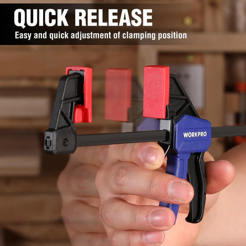 6 Inch Mini Bar Clamps For Woodworking, One Handed F Clamps And Spreaders, 4 Pack With 50 Lb Load, Throat One And A Half Inches, Screw Reverses To Convert To Spreader For Tight Glue Ups For Diyers, quick-release clamp in hand