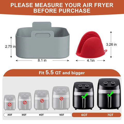 Reusable 8.1 Inch Silicone Air Fryer Pot Liners Set 2 Pack Square Oven Insert Easy Clean Food Safe Nonstick Bake Tray Improves Air Circulation For Crispier Results Includes Heat Proof Gloves dimensions and compatibility guide