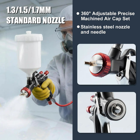 Technician using R500 LVLP Paint Gun With 1.3mm 1.5mm And 1.7mm Nozzles Air Regulator Teflon Coated Finish Pro Grade Sprayer