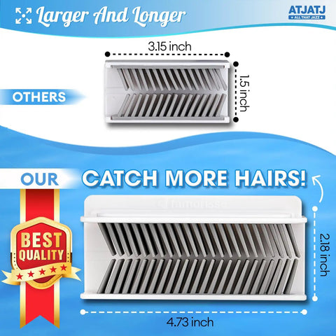 Large White Shower Hair Catcher With Flexible Silicone Bristles Works As Ultimate Drain Protector For Bathrooms Kills Clogs Dead Cold Keeps Pipes Sleek No More Costly Plumber Runs Or Sticky Gunk showing size comparison and design features