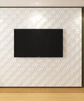 Living room wall with TV and 3D Interlocking Circles Wall Panel in Matte White PVC for interior walls and ceilings, decorative design.