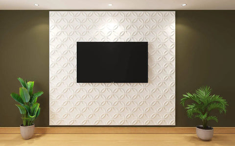 Living room wall with TV and 3D Interlocking Circles Wall Panel in Matte White PVC for interior walls and ceilings, decorative design.