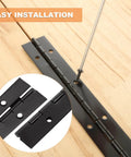 Rock Solid Nailed It Heavy Duty Black Iron Piano Hinges Eight Pack 16 Inch Long continuous hinge installation with wood background.