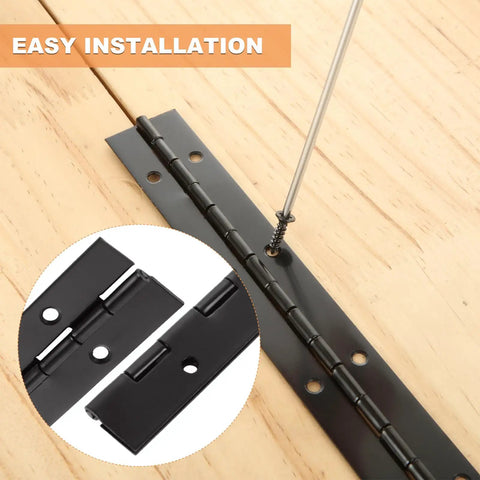Rock Solid Nailed It Heavy Duty Black Iron Piano Hinges Eight Pack 16 Inch Long continuous hinge installation with wood background.