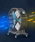 Heavy Duty Metal Floor Fan 1.5 Meter Tall Industrial Standing Fan With Multi Speed Rotary Switch blowing cool air in a commercial setting.