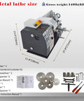 Jaryannix 7X12 Inch Mini Metal Benchtop Lathe With Variable Speed Control Digital Display 600W Brushless Motor shown with dimensions and accessories.