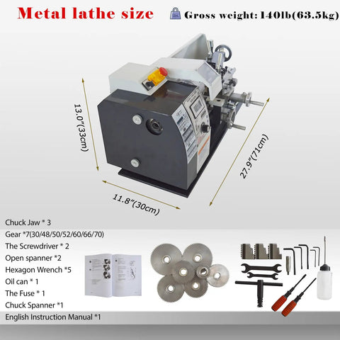 Jaryannix 7X12 Inch Mini Metal Benchtop Lathe With Variable Speed Control Digital Display 600W Brushless Motor shown with dimensions and accessories.