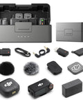 On The Go Wireless Microphone System With 2 Transmitters And 1 Receiver In Charging Case For iPhone Android And Cameras, 32 Bit Float Internal Recording, Dual Band Anti Interference, 28 Hour Battery Life, Lightning Compatible components and accessories layout
