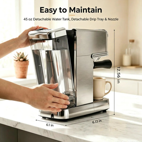 Knock Out Barista Level Shots With This 20 Bar Semi Automatic Espresso Machine Featuring Stainless Steel Build And Steam Wand For That Smooth Daily Brew That Hits Different Today, showing 45 oz detachable water tank.